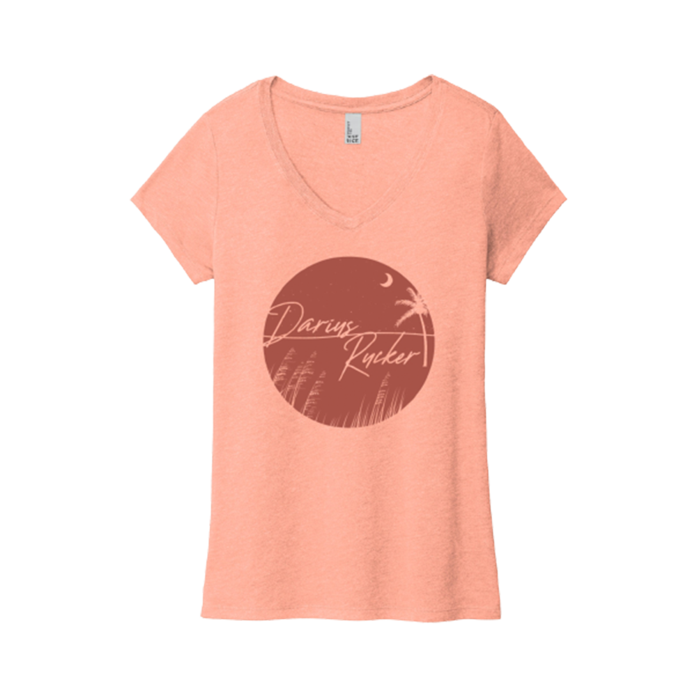 Circle pal tree logo on a desert pink v-neck ladies tee Darius Rucker