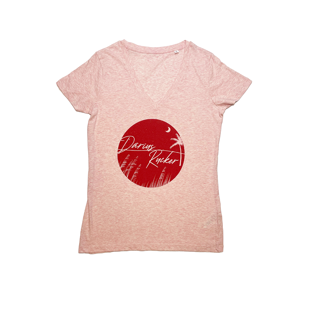 Circle palm tree logo on a heather pink v-neck ladies tee Darius Rucker