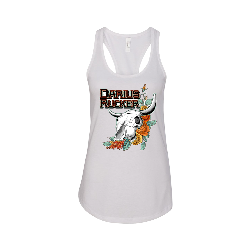 Longhorn skull with flowers white ladies tank Darius Rucker
