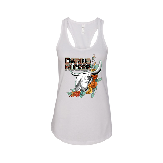 Longhorn skull with flowers white ladies tank Darius Rucker