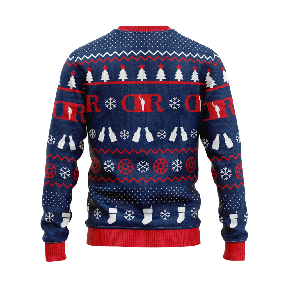 Trees, bottles, wheels, and stockings patterned Christmas sweater back Darius Rucker