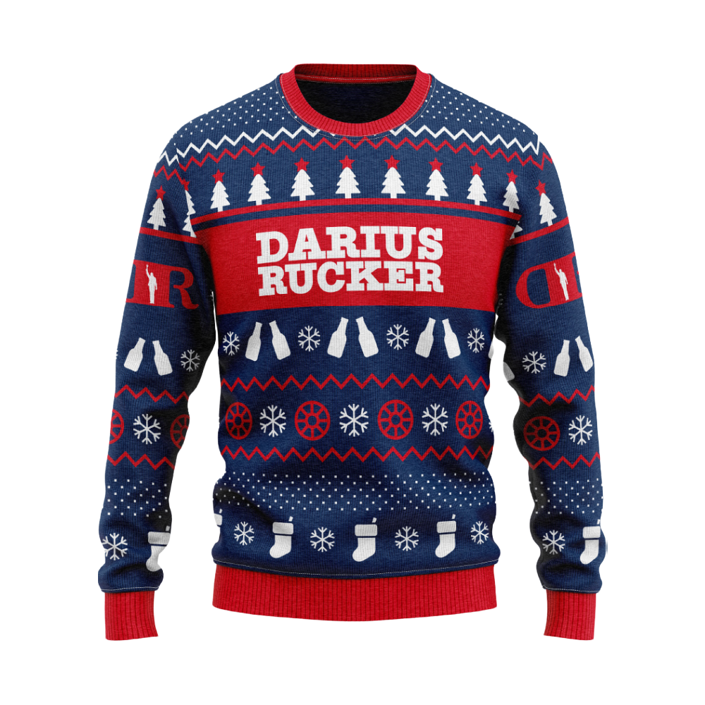 Trees, bottles, wheels, and stockings patterned Christmas sweater front Darius Rucker